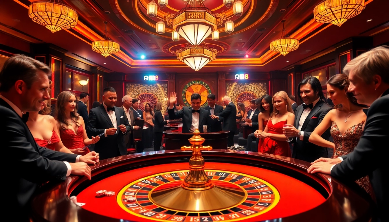 A dynamic rr 88 gaming scene showcasing an illuminated roulette table filled with poker chips and engaged players.