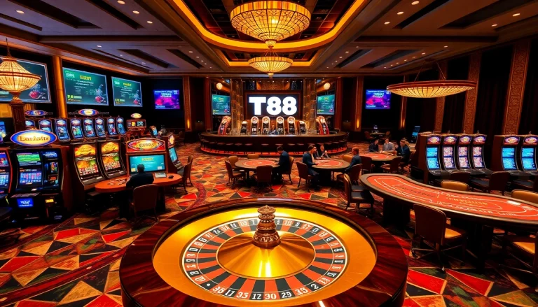 Experience the thrill of gambling at the luxurious TT88 casino with vibrant tables and slot machines.