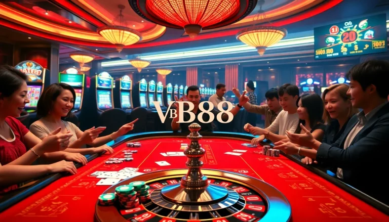 Players enjoying a thrilling game of poker at the VB88 casino table, showcasing excitement and strategy.