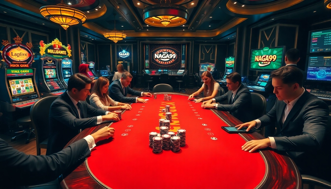 Naga99 casino scene featuring strategic high-stakes poker gameplay with colorful chips and tables.