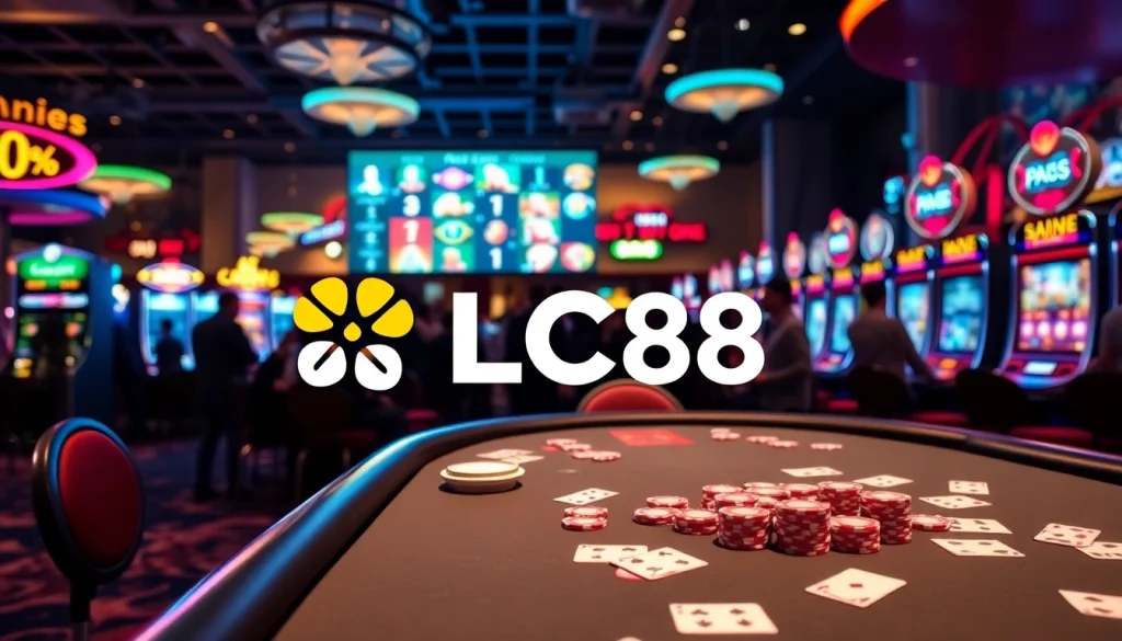 Players enjoying an exciting gaming experience at LC88 casino with vibrant slot machines and poker tables.