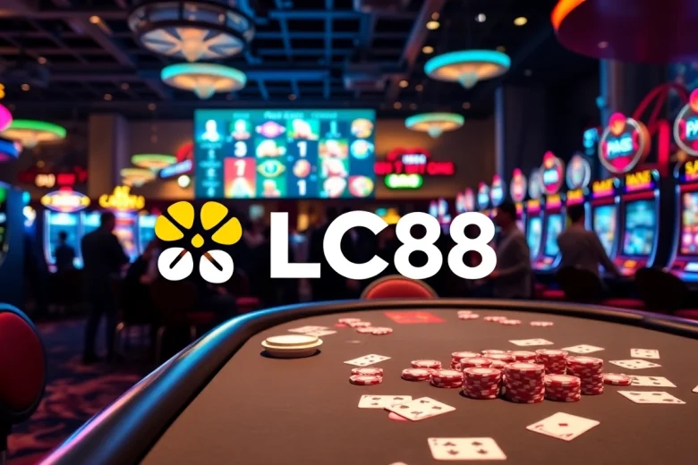 Players enjoying an exciting gaming experience at LC88 casino with vibrant slot machines and poker tables.
