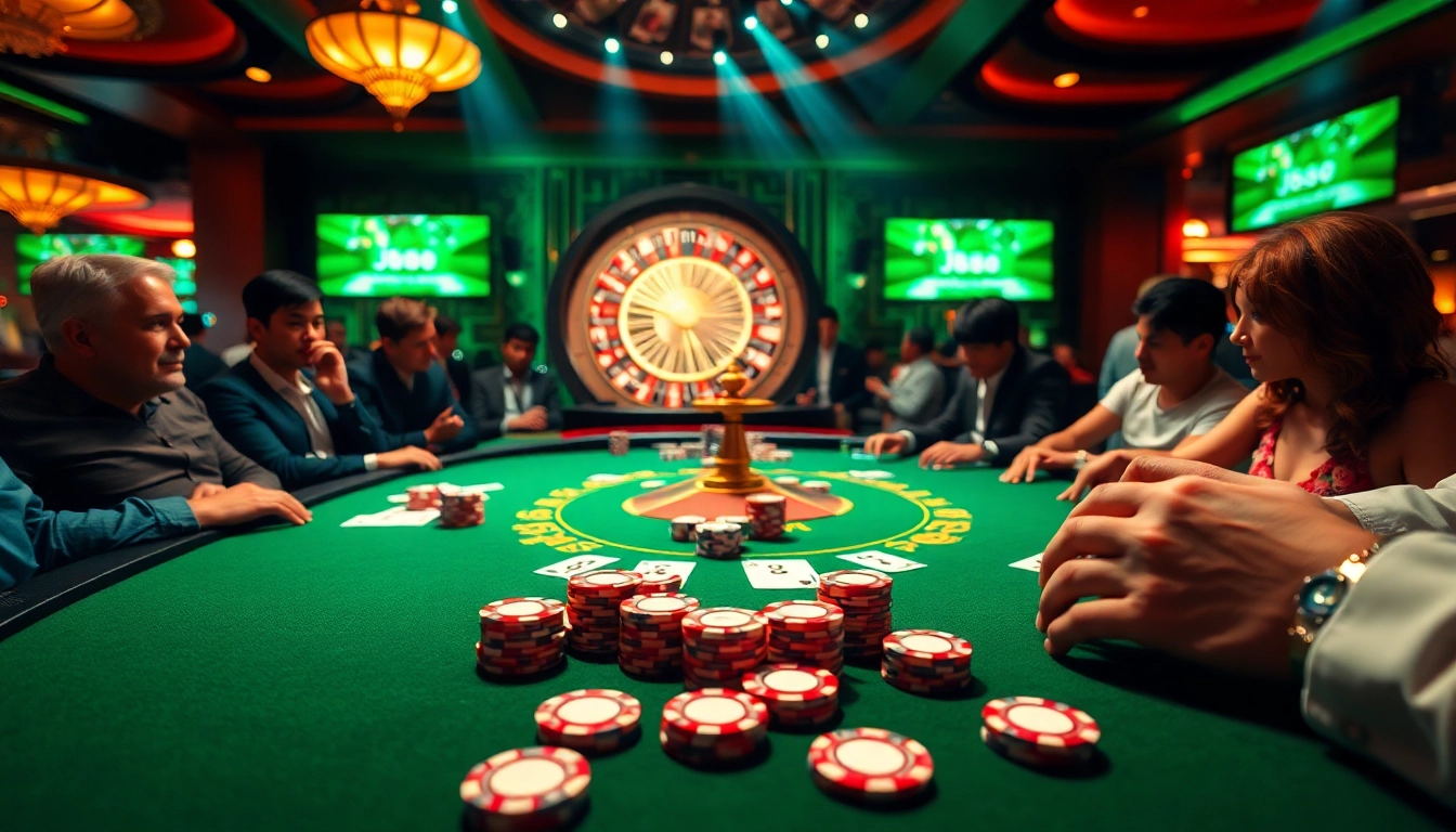 Players engaging in a thrilling poker game at a casino with j88 branding visible.