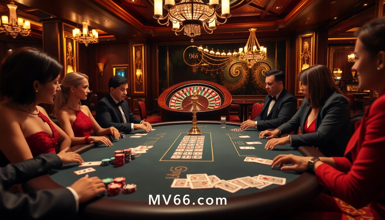 Engage in thrilling poker action at MV66.com, featuring an elegant casino scene with high-stakes gameplay.