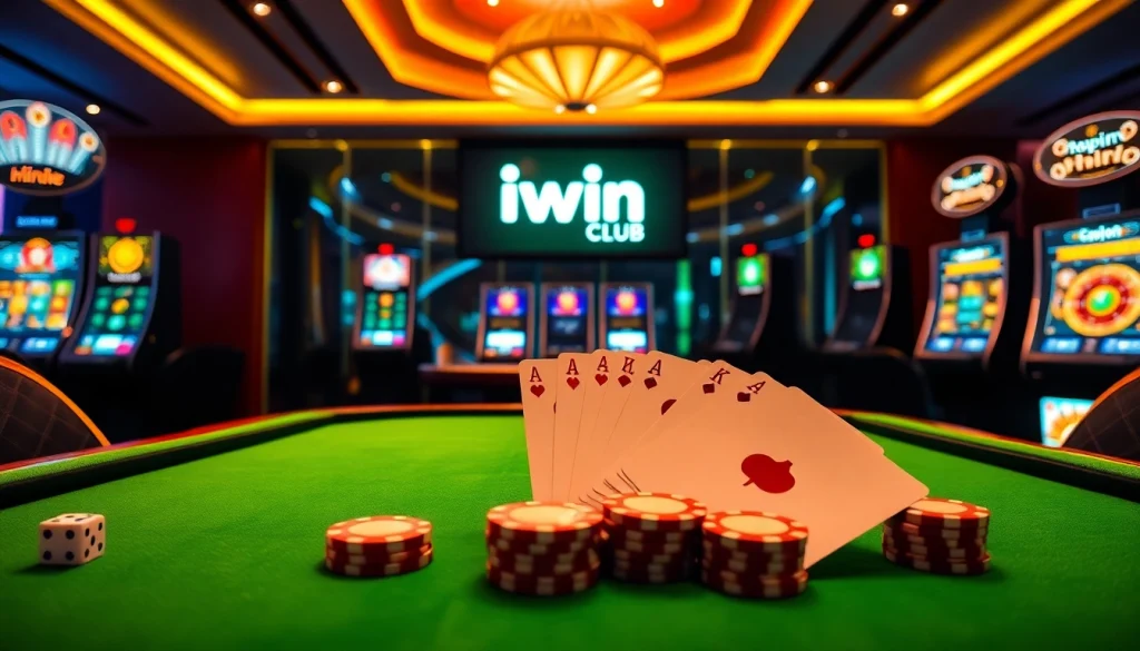 Experience excitement at iwinclub with a luxurious casino setting showcasing vibrant tables and chips.