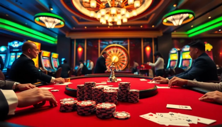 Experience a thrilling moment at a casino with vn168-themed poker chips and high-stakes action.