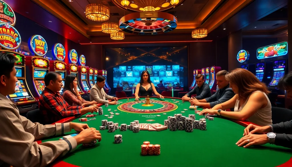 Players engaging in exciting poker gameplay at a luxurious casino table featuring kp 88 elements.