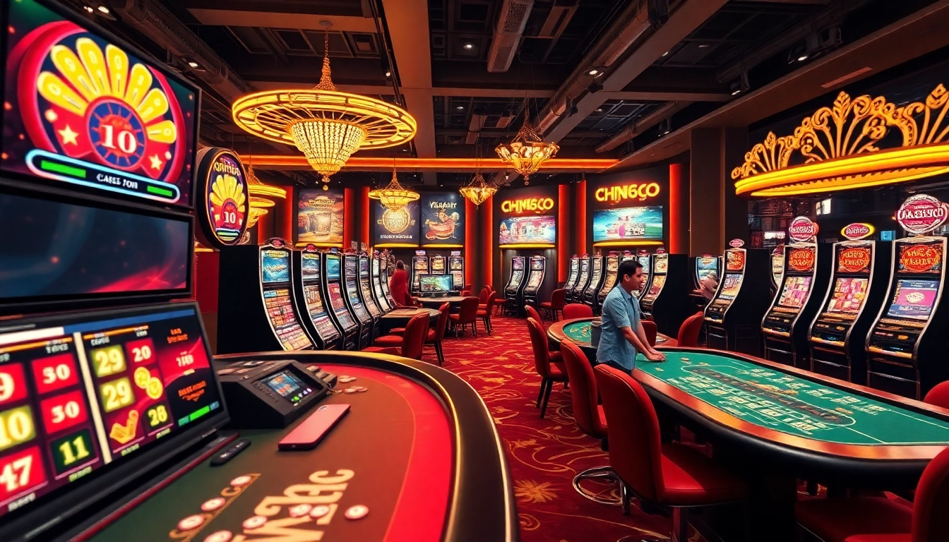 Exciting online casino scene featuring HH666 with vibrant slot machines and live dealers, creating an engaging gaming experience.