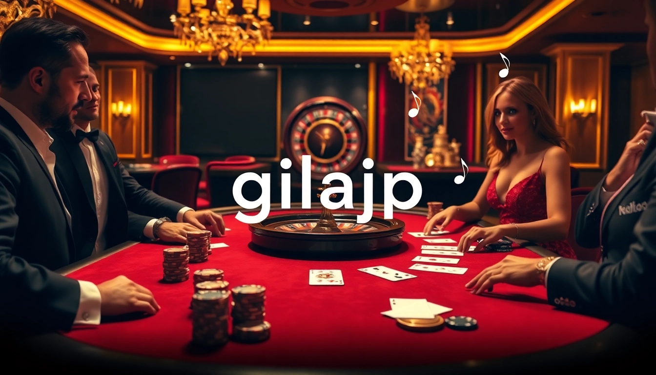 Players enjoying an exciting poker game at a glamorous casino with gilajp branding visible.