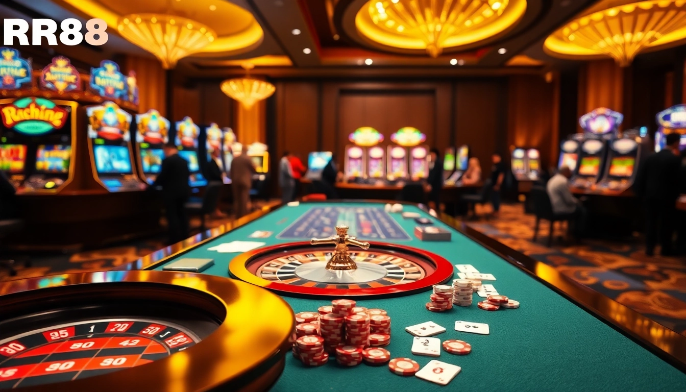 Experience the thrill of RR88 with vibrant casino gaming featuring roulette, poker chips, and an engaging atmosphere.