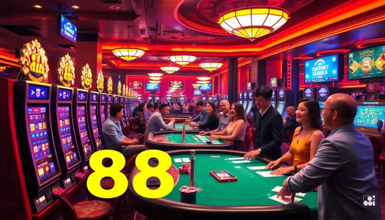 Players enjoying thrilling casino games in a vibrant 88i atmosphere, featuring slot machines and poker tables.