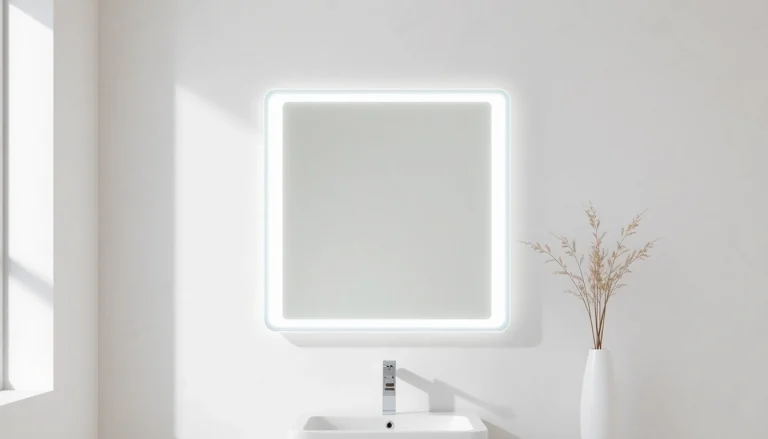 Explore a stylish bathroom mirror with led light illuminating a modern bathroom setting.