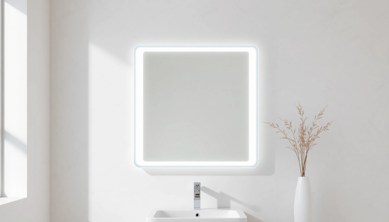 Explore a stylish bathroom mirror with led light illuminating a modern bathroom setting.