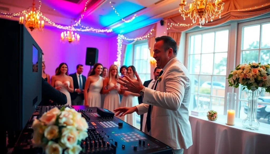 Wedding DJ hire Sydney service creating a vibrant atmosphere at a reception, engaging guests with colorful uplighting.