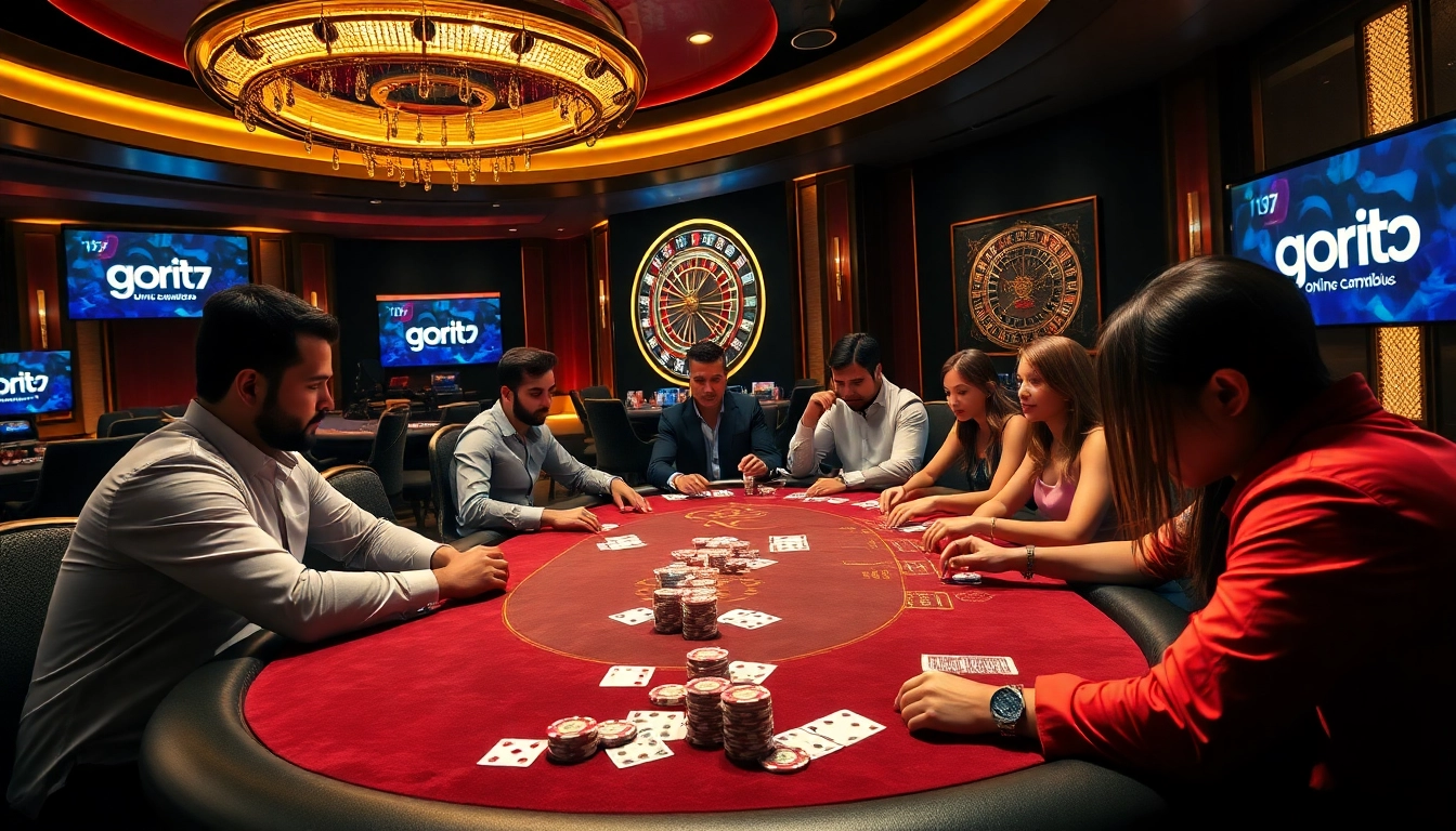 Experience high-stakes action at a gori77 poker table amidst a vibrant casino atmosphere.