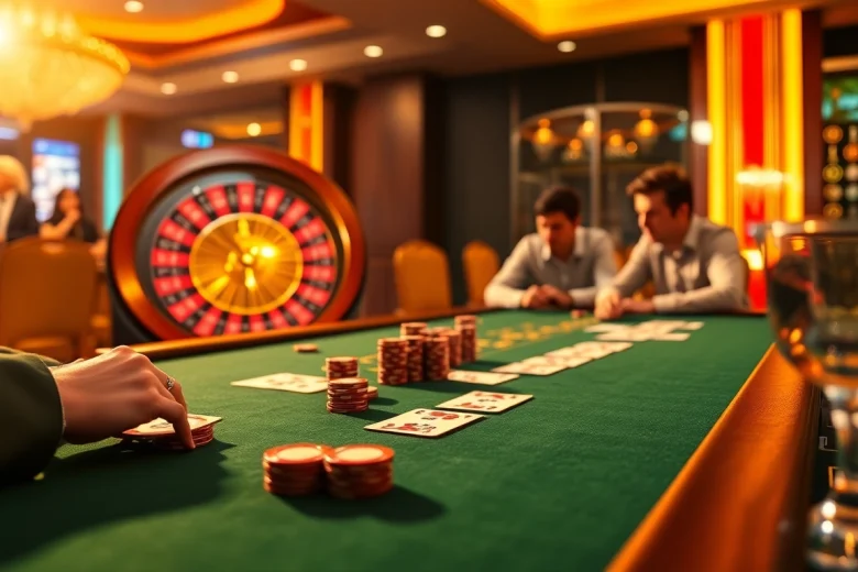 Experience thrilling gameplay at ev88 casino with an engaging scene of poker chips and cards on a luxurious table.