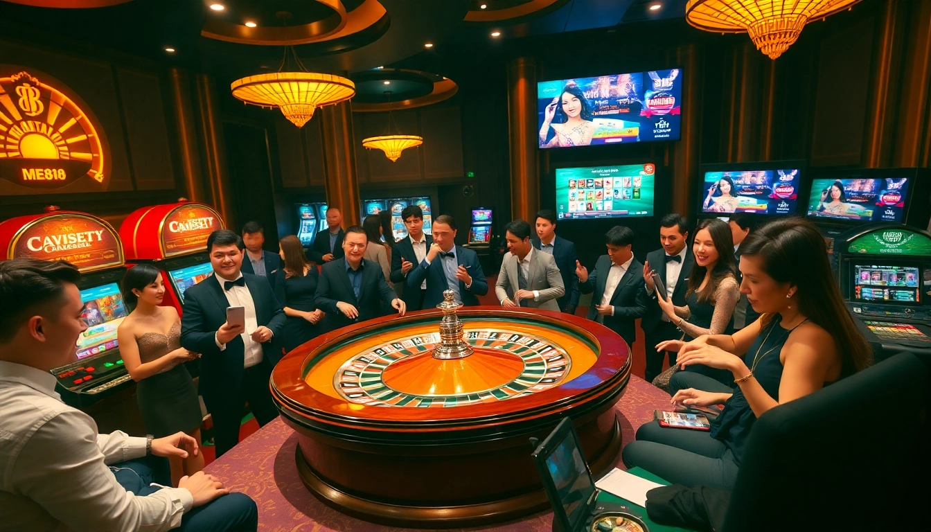 Excited players engaging with the mm88 roulette wheel in a luxurious casino atmosphere.