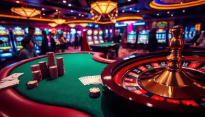 Experience high-stakes action with 555win at a vibrant casino poker table filled with colorful chips.