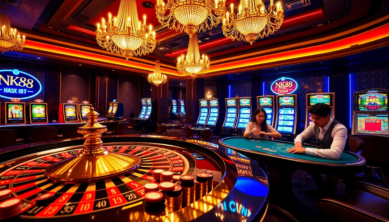 Betting at the NK88 casino table with vibrant chips and an exciting atmosphere.