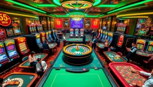 Experience the thrill of 555win, featuring vibrant casino tables and players celebrating wins.