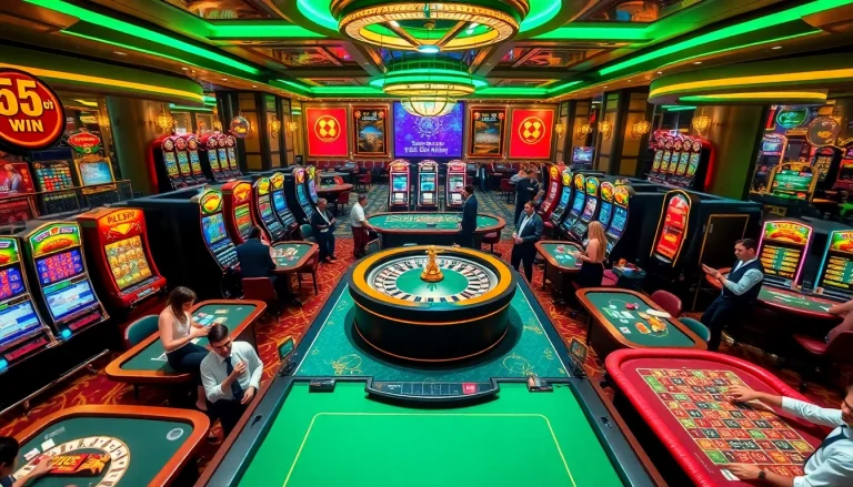 Experience the thrill of 555win, featuring vibrant casino tables and players celebrating wins.