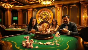 Exciting GG88 casino scene with players at tables, showcasing high-stakes gambling action.