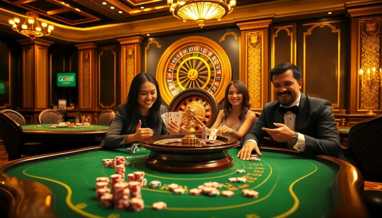 Exciting GG88 casino scene with players at tables, showcasing high-stakes gambling action.