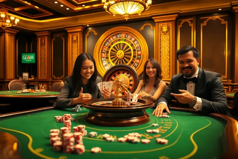 Exciting GG88 casino scene with players at tables, showcasing high-stakes gambling action.