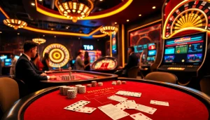 Experience excitement at Tk88 MVP with vibrant casino tables, chips, and spinning roulette wheels.