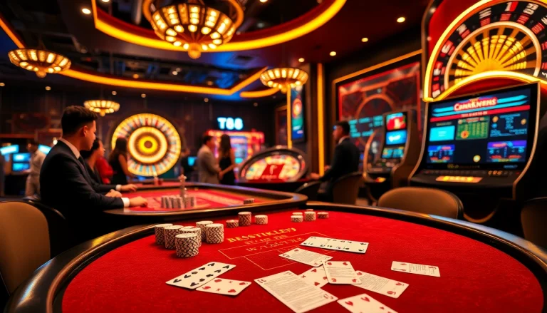 Experience excitement at Tk88 MVP with vibrant casino tables, chips, and spinning roulette wheels.