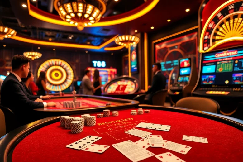 Experience excitement at Tk88 MVP with vibrant casino tables, chips, and spinning roulette wheels.