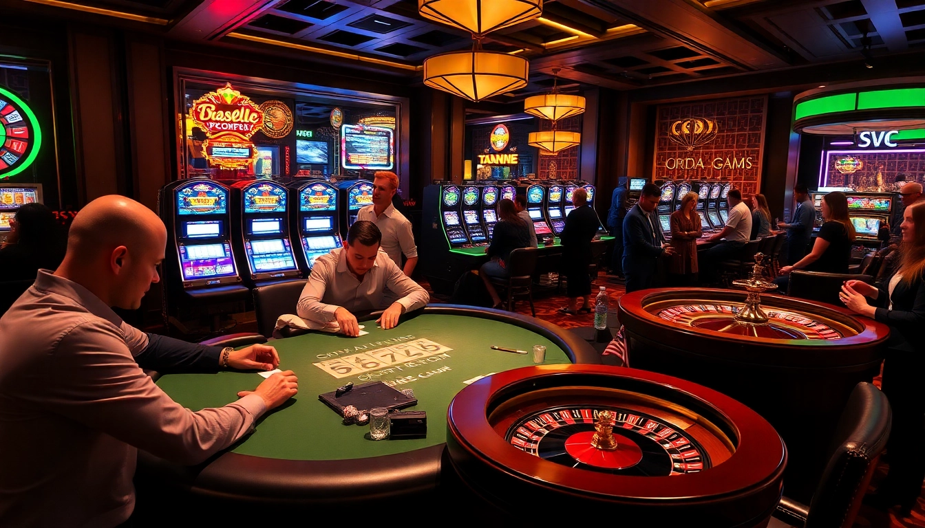 SODO District casino scene featuring intense poker players strategizing and luxurious slot machines lighting up the venue.