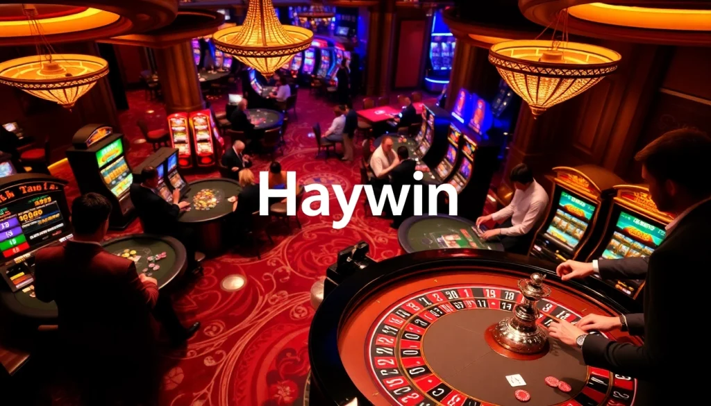Players enjoy thrilling games at Haywin's vibrant casino, showcasing poker, roulette, and slots.