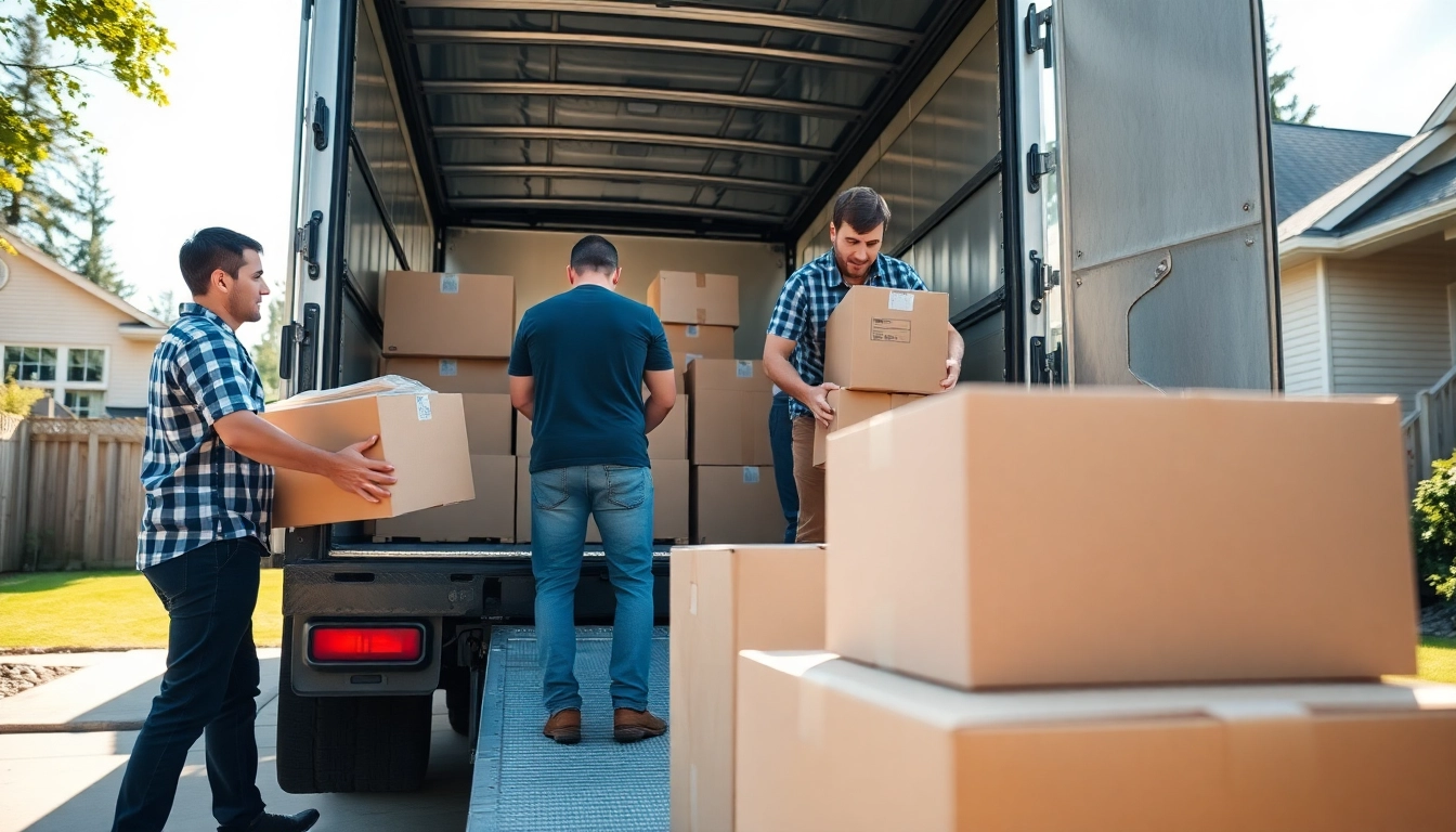 Efficient movers from moving companies calgary loading boxes onto a truck at a residential site.