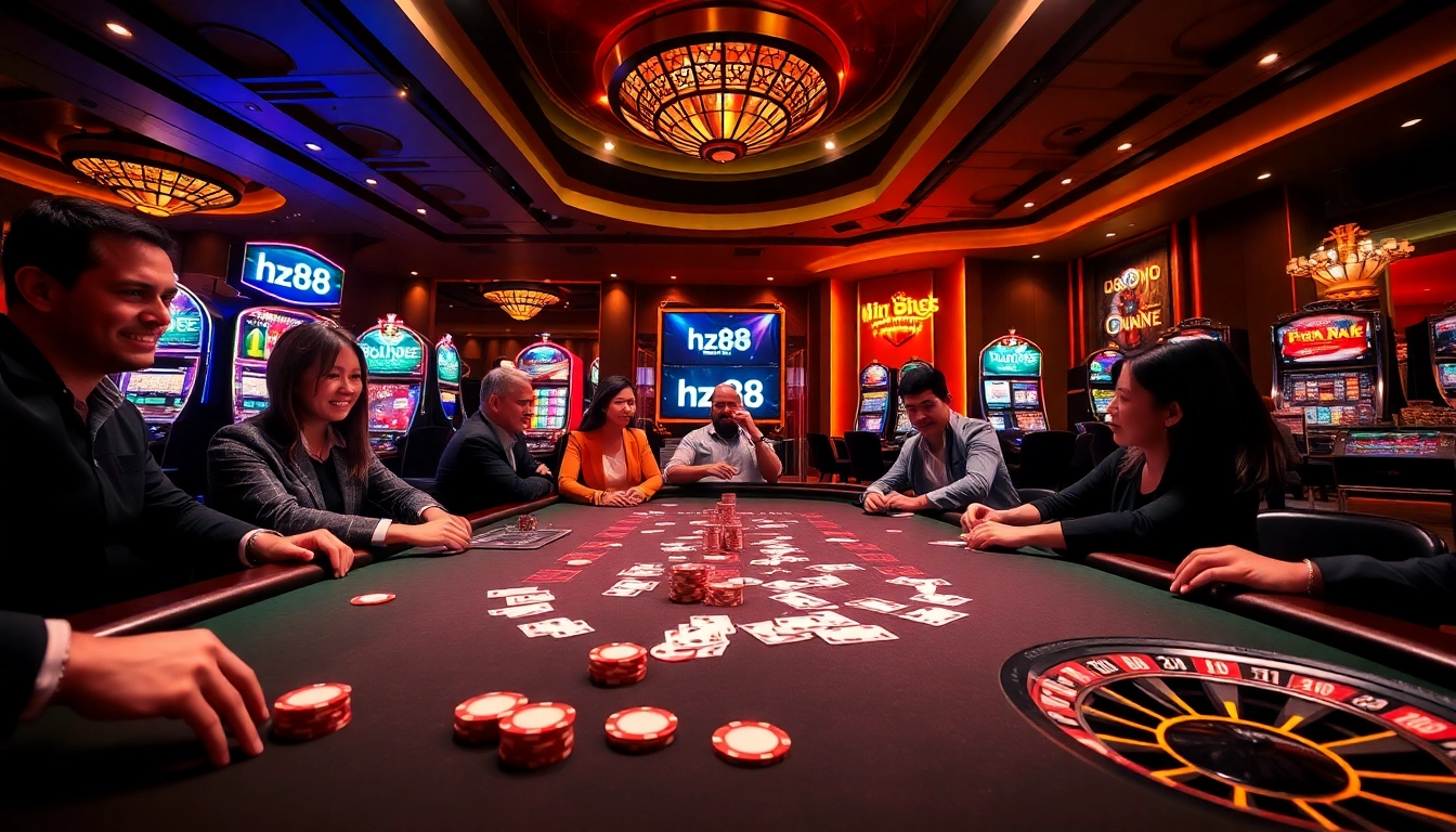 Engaged players at a high-stakes poker table embodying the luxury and excitement of hz88 gambling atmosphere.