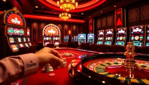 Experience thrilling gameplay at Oxplay's vibrant casino tables with poker chips and slot machines.