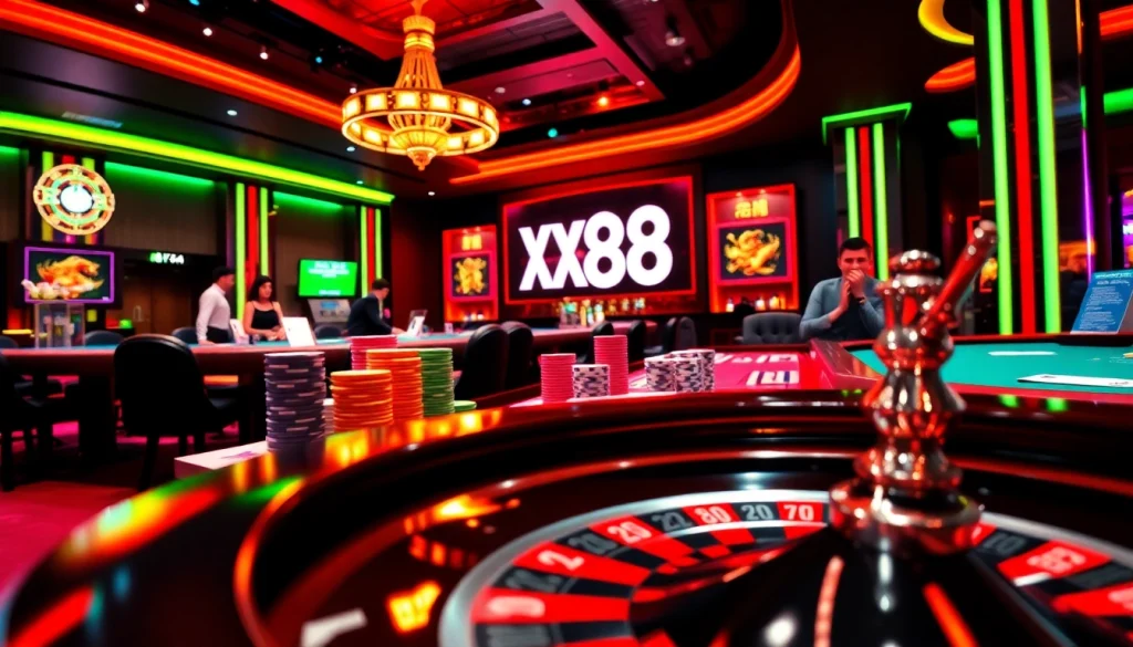 Experience the excitement of xx88 at a luxury casino poker table with colorful chips and vibrant lights.
