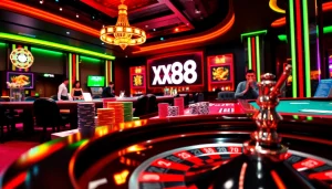 Experience the excitement of xx88 at a luxury casino poker table with colorful chips and vibrant lights.