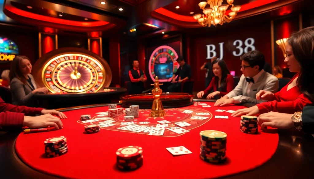 Engage in high-stakes gaming at BJ38's luxurious casino table featuring cards and chips.