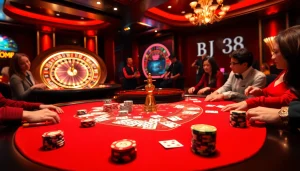 Engage in high-stakes gaming at BJ38's luxurious casino table featuring cards and chips.