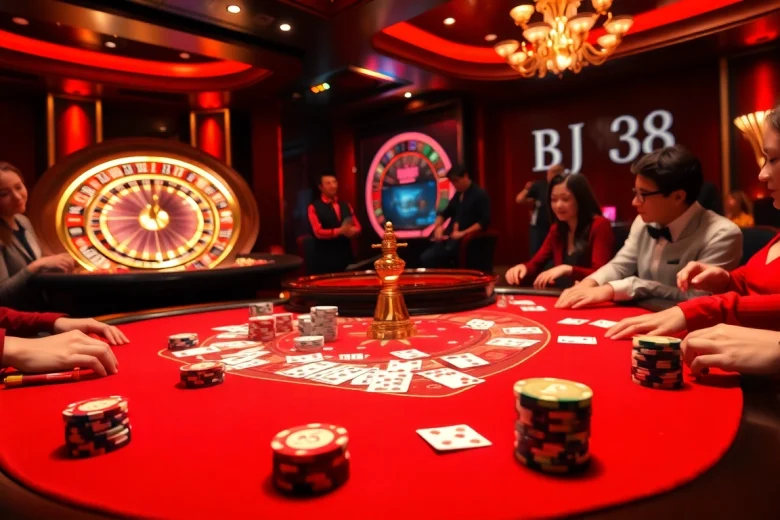 Engage in high-stakes gaming at BJ38's luxurious casino table featuring cards and chips.
