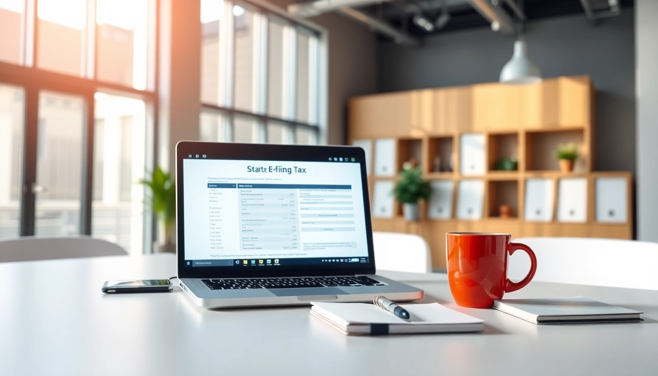 Tax consultant efficiently managing e-filing on a laptop at a modern office.