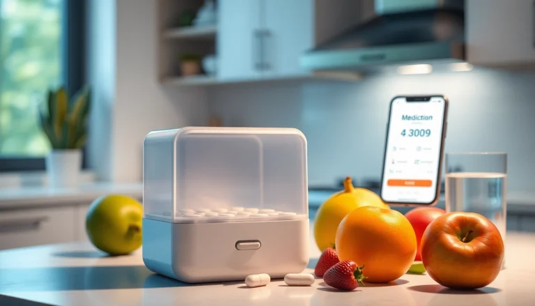 Automatic pill dispenser on a kitchen countertop enhancing medication management and wellness.