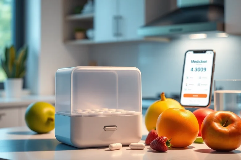 Automatic pill dispenser on a kitchen countertop enhancing medication management and wellness.