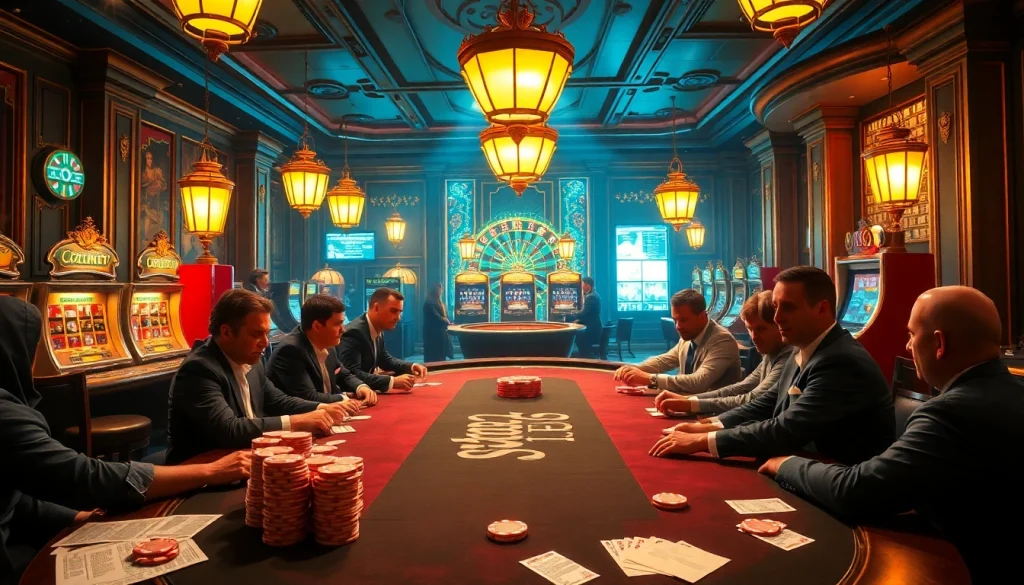 Experience the thrill of high-stakes gambling at the hidden wiki-themed poker table surrounded by vibrant excitement.