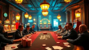 Experience the thrill of high-stakes gambling at the hidden wiki-themed poker table surrounded by vibrant excitement.