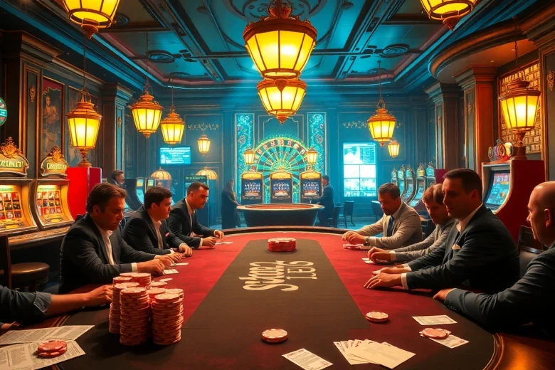 Experience the thrill of high-stakes gambling at the hidden wiki-themed poker table surrounded by vibrant excitement.
