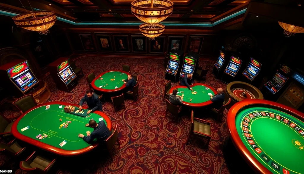 Experience thrilling gameplay at Man88's vibrant casino with poker and lively slot machines.