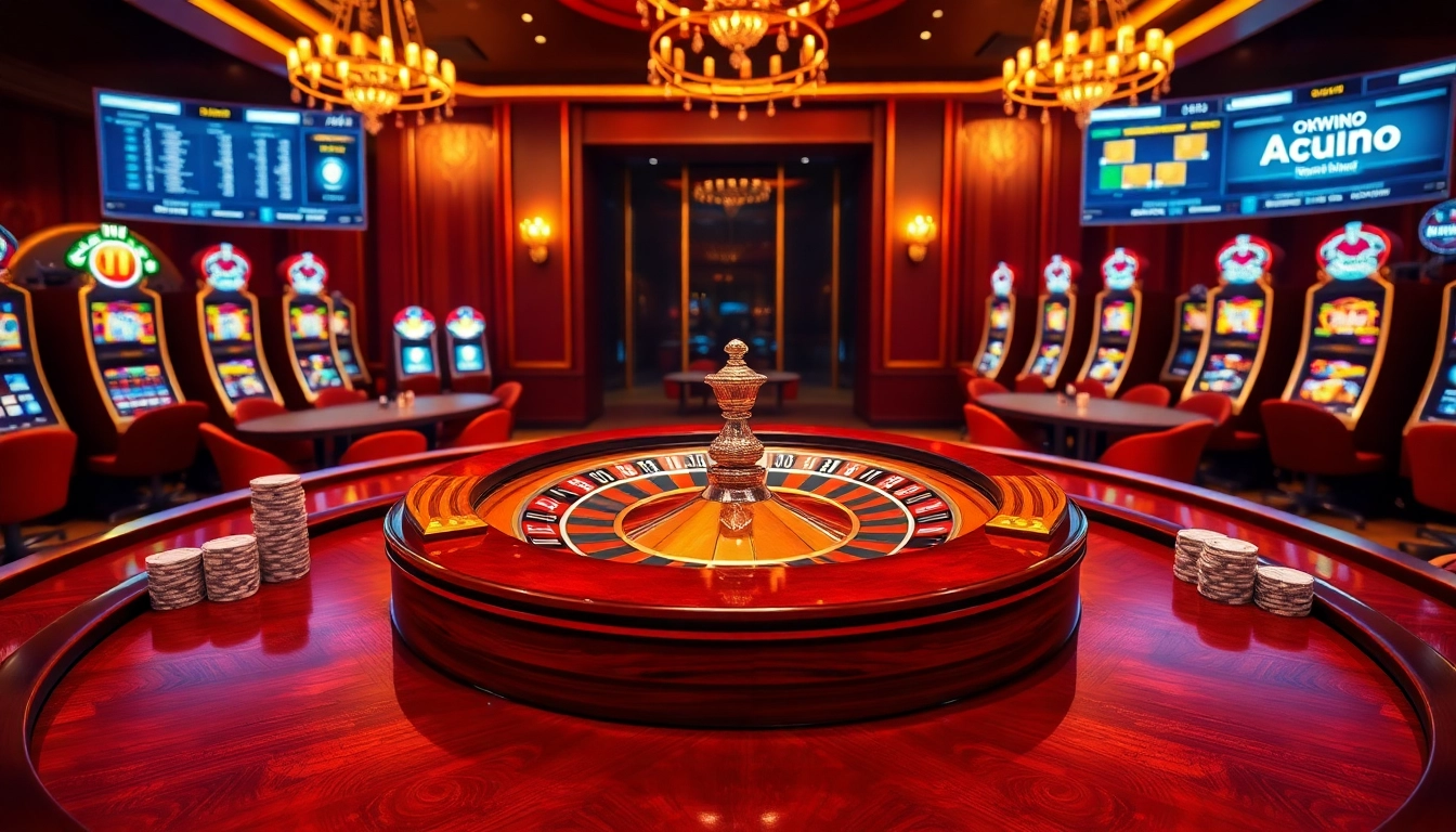 Players celebrating a big win at okwin's luxurious casino tables, showcasing vibrant slot machines and roulette.