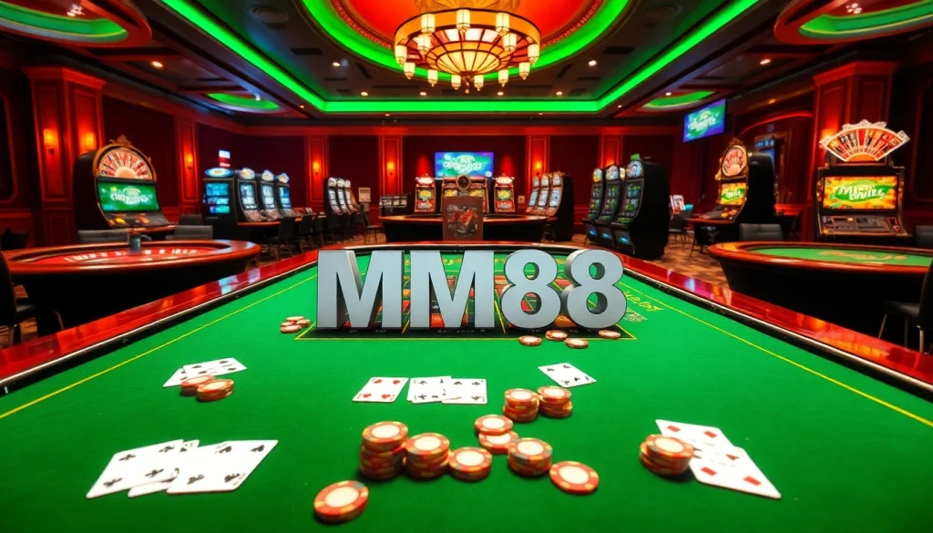 MM88 casino scene showcasing thrilling gameplay with colorful slot machines and elegant tables.